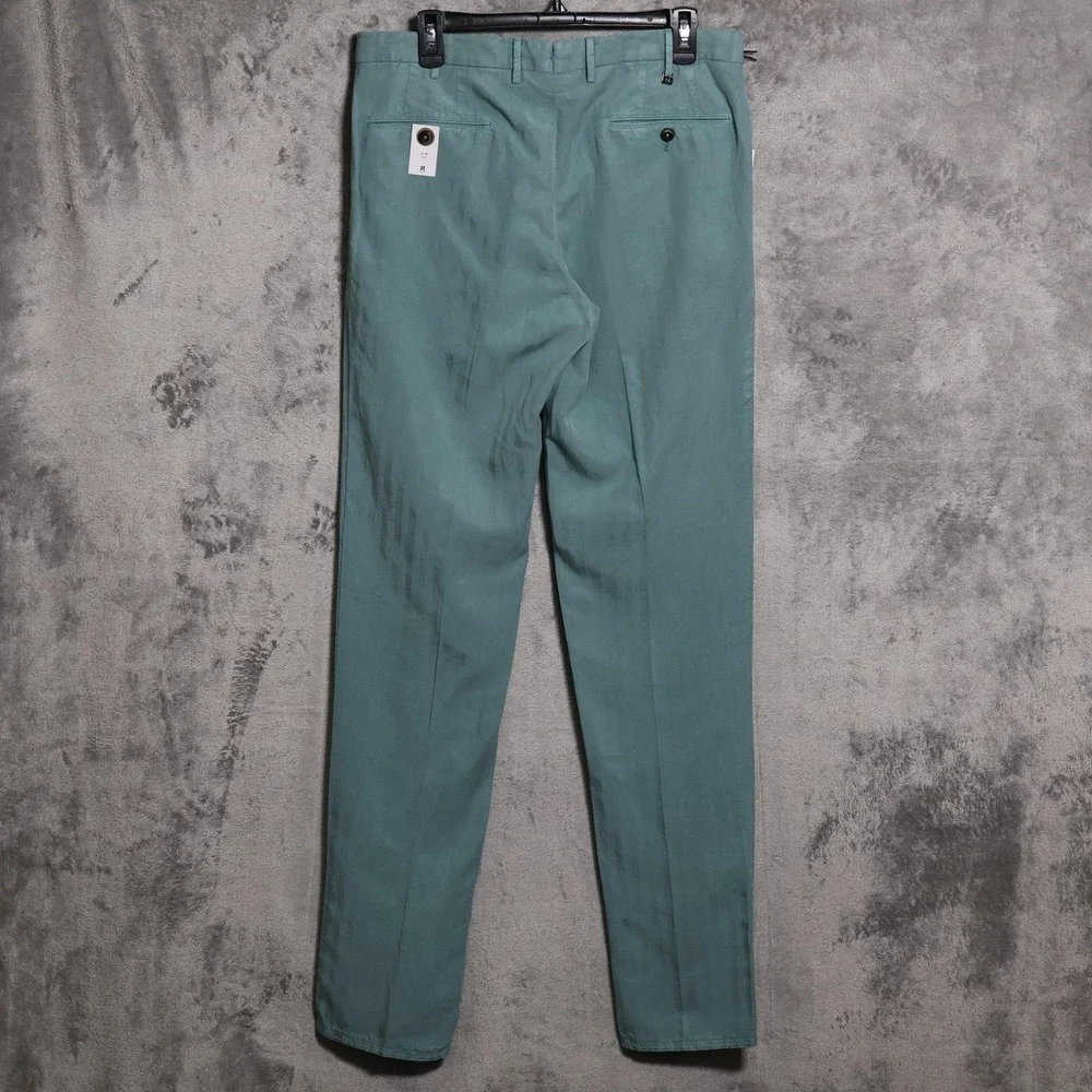 PT Torino Pants Mens 33x36 Green Chino Slim Linen Blend Dress Made in Tunisia